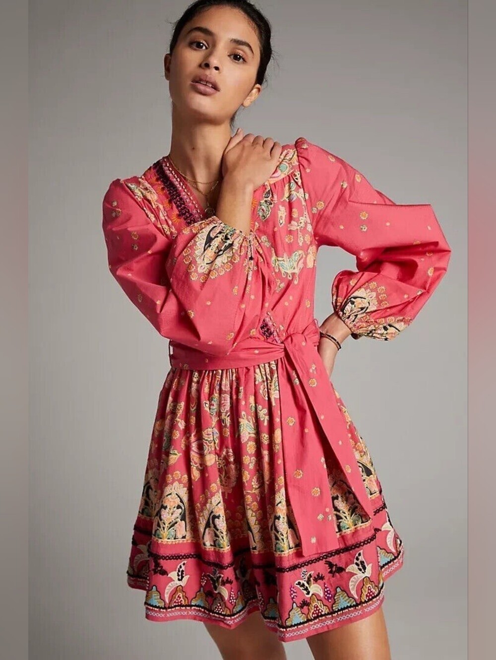 Anthropolgie Raquel Bright Pink Floral Beaded V-Neck Wrap Dress